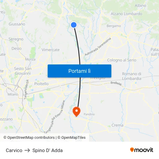 Carvico to Spino D' Adda map