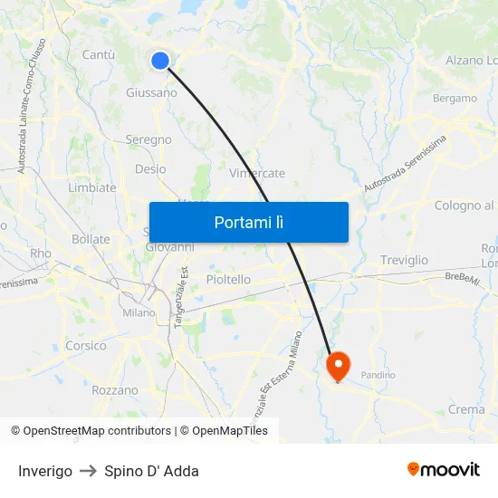 Inverigo to Spino D' Adda map