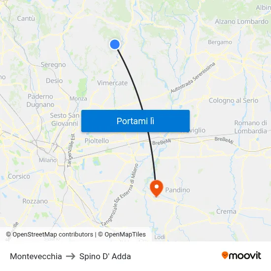 Montevecchia to Spino D' Adda map