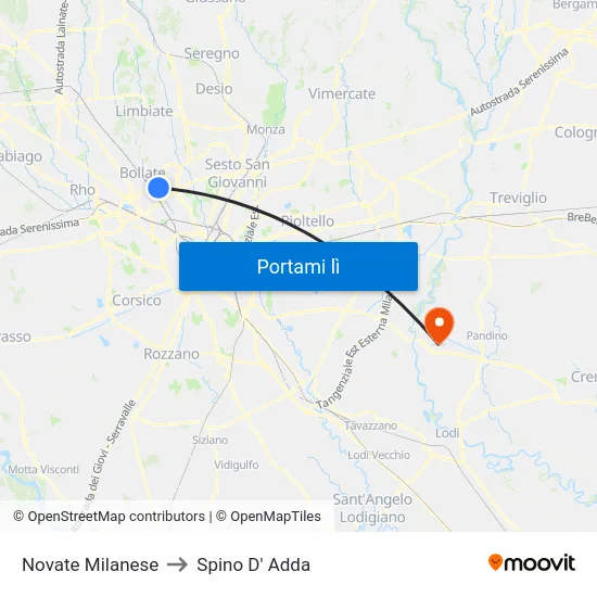 Novate Milanese to Spino D' Adda map