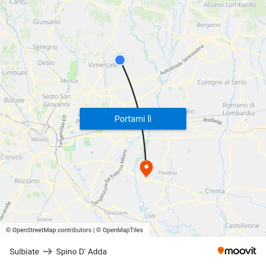 Sulbiate to Spino D' Adda map