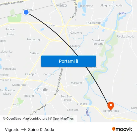 Vignate to Spino D' Adda map
