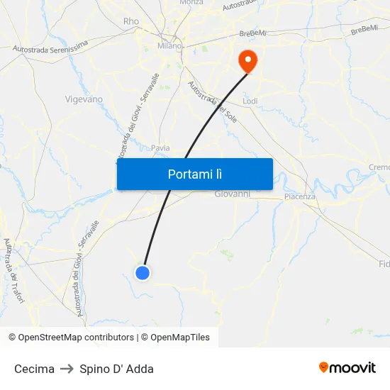 Cecima to Spino D' Adda map