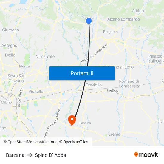 Barzana to Spino D' Adda map