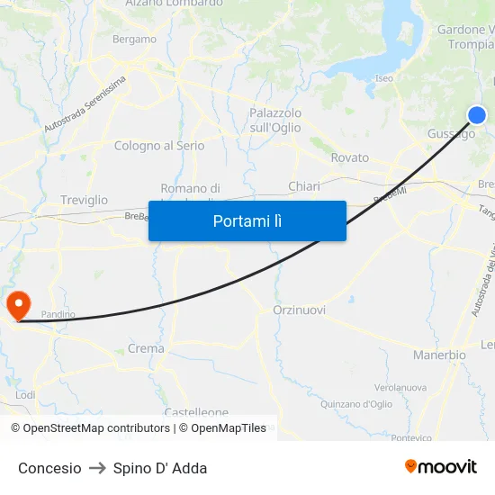Concesio to Spino D' Adda map