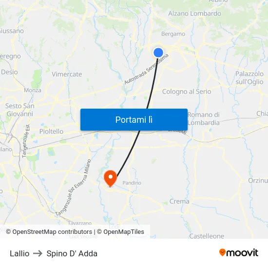 Lallio to Spino D' Adda map