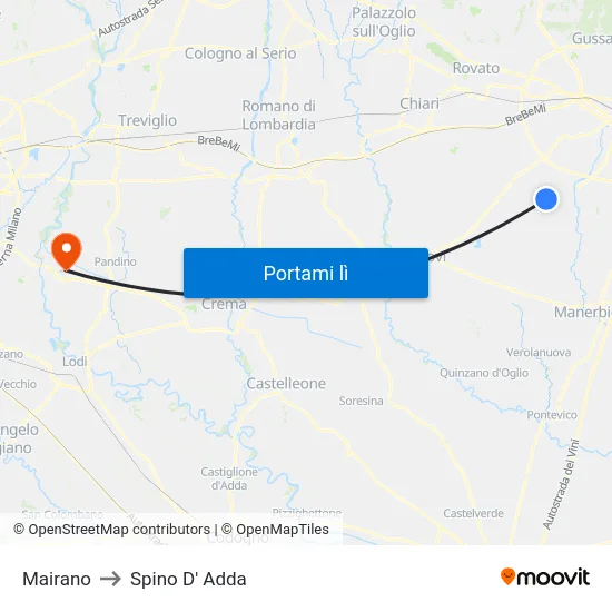 Mairano to Spino D' Adda map