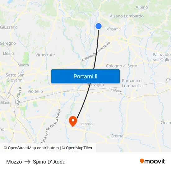 Mozzo to Spino D' Adda map