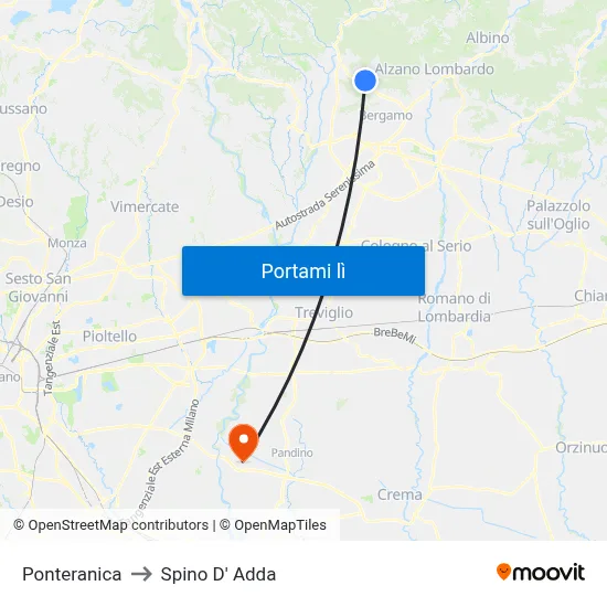 Ponteranica to Spino D' Adda map