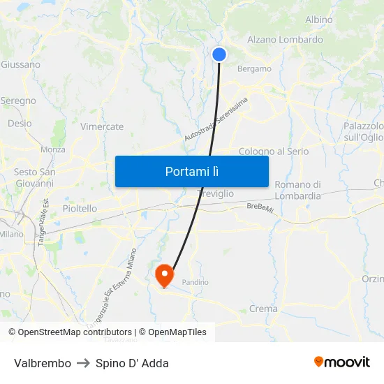 Valbrembo to Spino D' Adda map