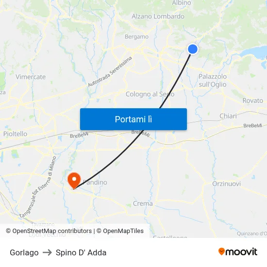 Gorlago to Spino D' Adda map
