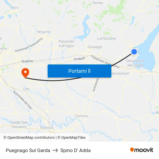 Puegnago Sul Garda to Spino D' Adda map
