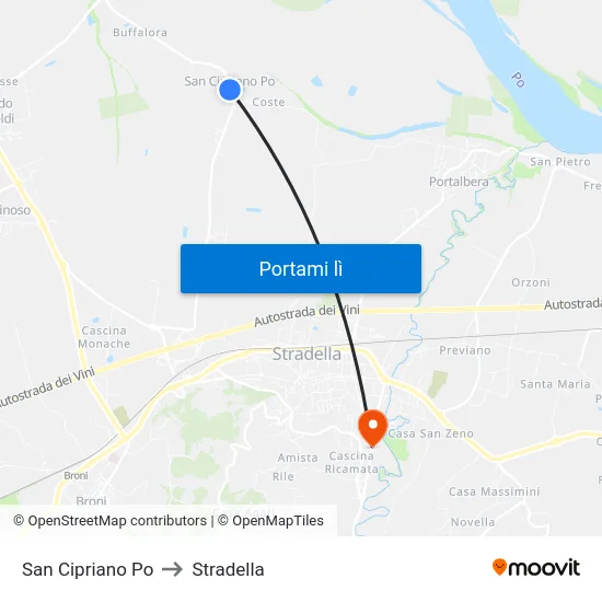 San Cipriano Po to Stradella map