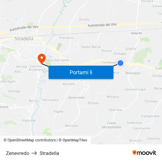 Zenevredo to Stradella map