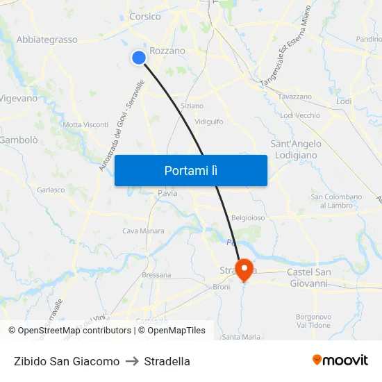 Zibido San Giacomo to Stradella map