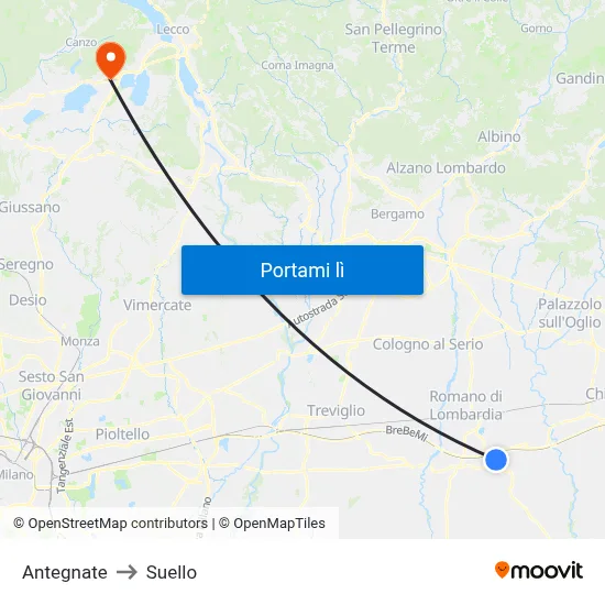 Antegnate to Suello map