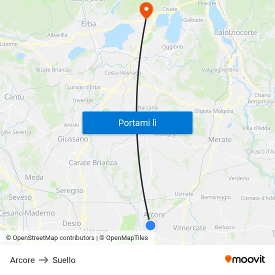 Arcore to Suello map