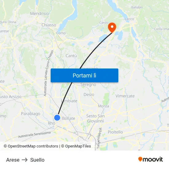 Arese to Suello map