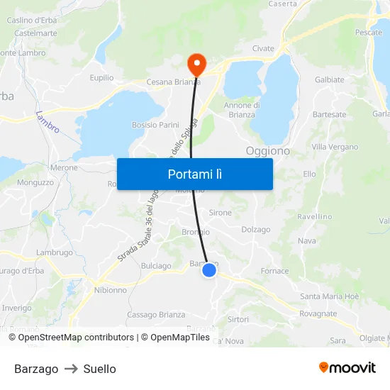Barzago to Suello map