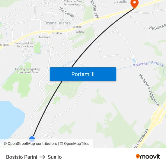 Bosisio Parini to Suello map