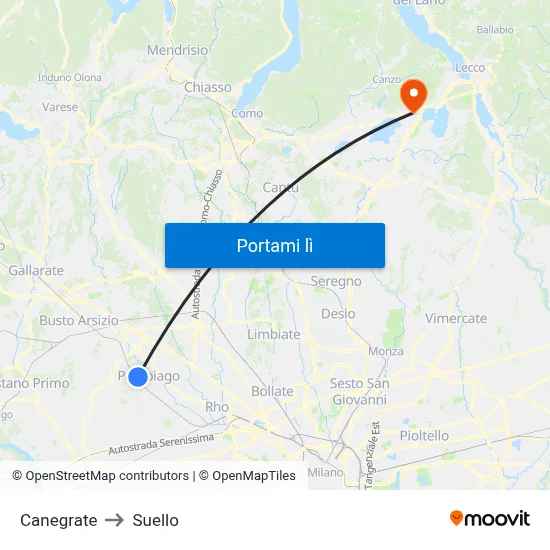 Canegrate to Suello map