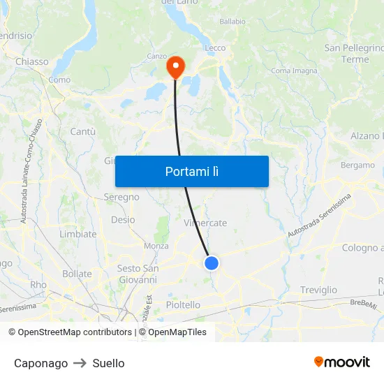 Caponago to Suello map