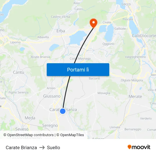 Carate Brianza to Suello map