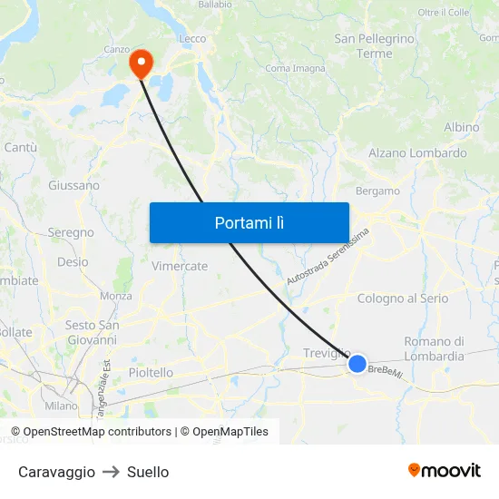 Caravaggio to Suello map