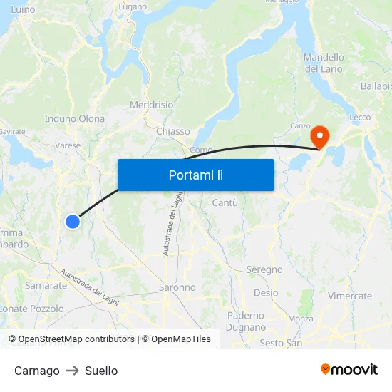 Carnago to Suello map