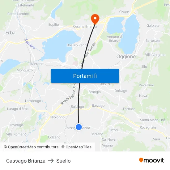 Cassago Brianza to Suello map