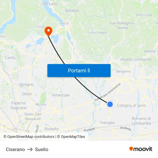 Ciserano to Suello map