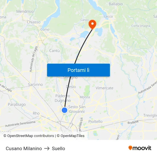 Cusano Milanino to Suello map