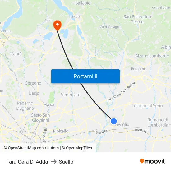 Fara Gera D' Adda to Suello map