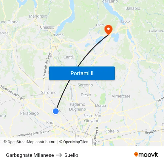 Garbagnate Milanese to Suello map