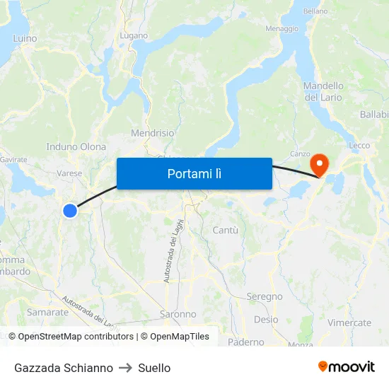 Gazzada Schianno to Suello map