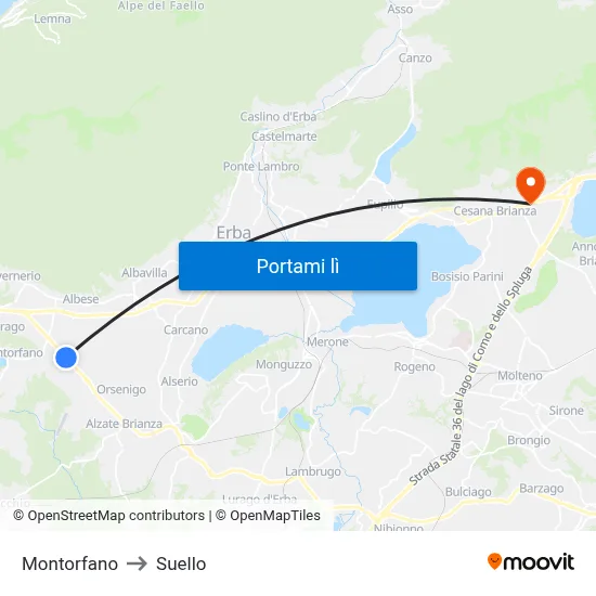 Montorfano to Suello map