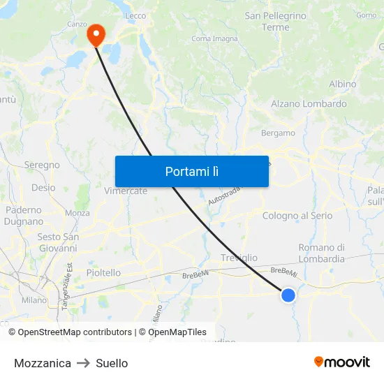 Mozzanica to Suello map