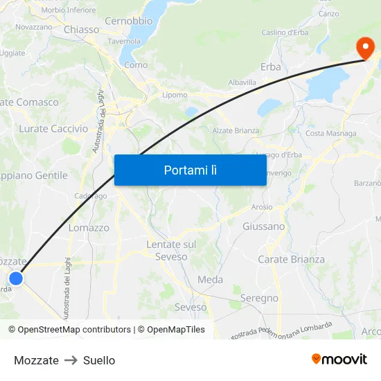 Mozzate to Suello map