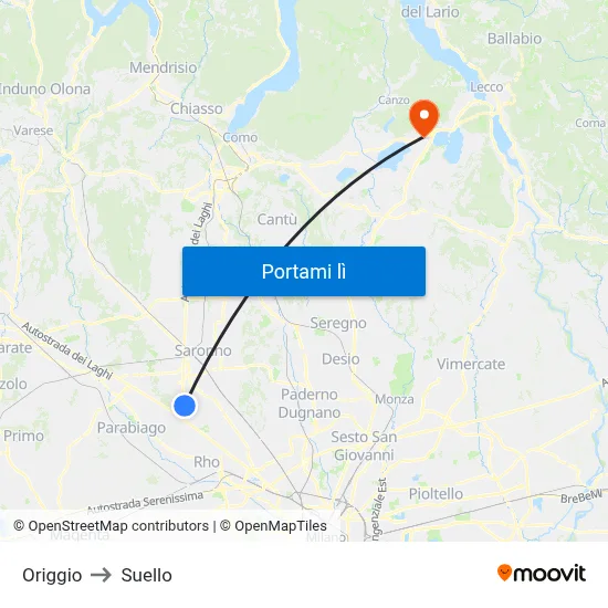 Origgio to Suello map