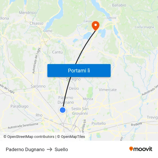 Paderno Dugnano to Suello map
