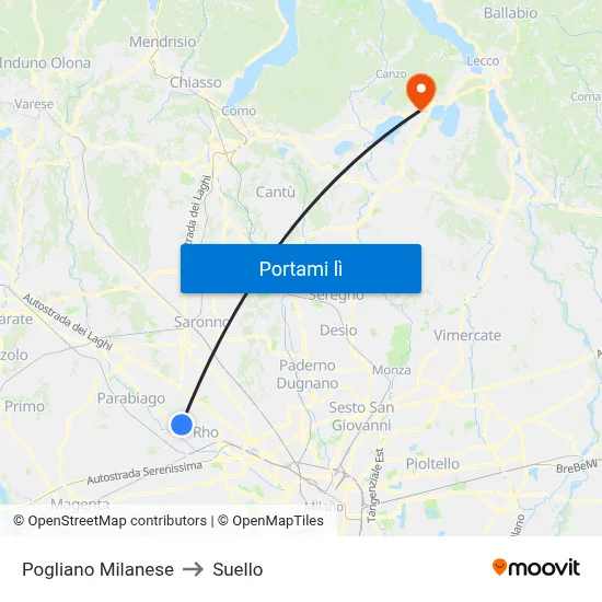 Pogliano Milanese to Suello map