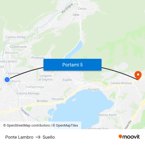 Ponte Lambro to Suello map