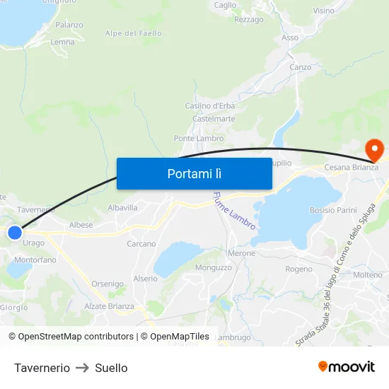 Tavernerio to Suello map