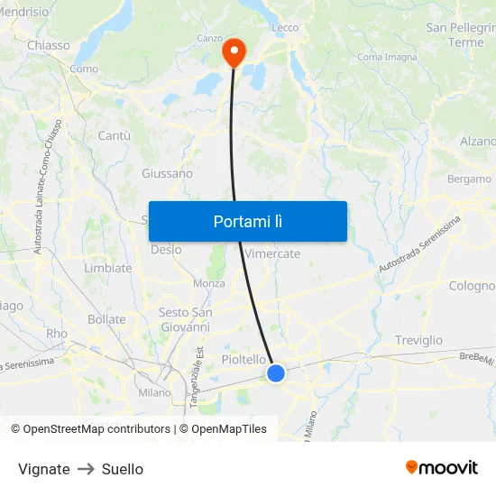 Vignate to Suello map