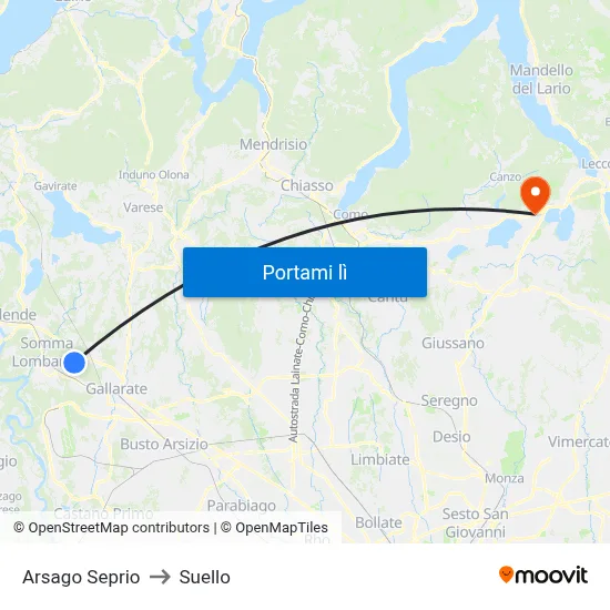 Arsago Seprio to Suello map