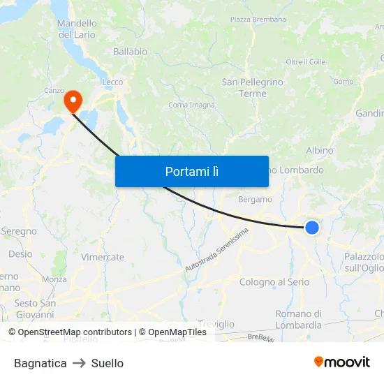 Bagnatica to Suello map
