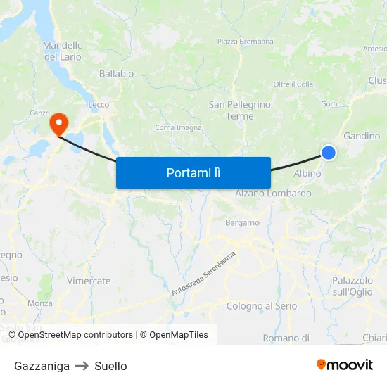 Gazzaniga to Suello map