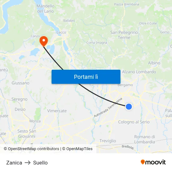 Zanica to Suello map