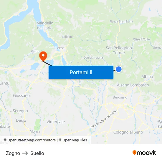 Zogno to Suello map