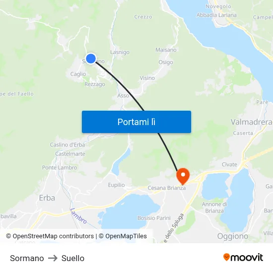 Sormano to Suello map